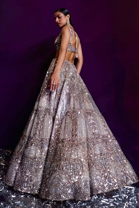 Angad Singh Gold Organza Sequins, Beads, Crystals V-neck Chevron Embroidered Lehenga Set at Aza Fashions Angad Singh_Gold Organza Sequins, Beads, Crystals V-neck Chevron Embroidered Lehenga Set _at_Aza_Fashions