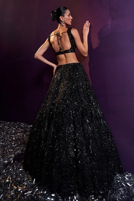 Shop Angad Singh Black Net Sequins, Crystals, Beads Plunge Neck Glass Embroidered Lehenga Set at Aza Fashions Shop_Angad Singh_Black Net Sequins, Crystals, Beads Plunge Neck Glass Embroidered Lehenga Set _at_Aza_Fashions