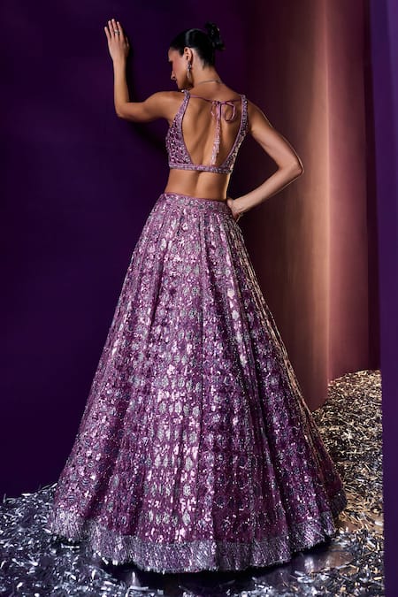 Shop Angad Singh Purple Organza Sequins, Beads, Crystals Geometric Embroidered Lehenga Set at Aza Fashions Shop_Angad Singh_Purple Organza Sequins, Beads, Crystals Geometric Embroidered Lehenga Set _at_Aza_Fashions