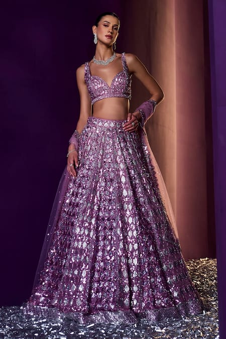 Angad Singh Purple Organza Sequins, Beads, Crystals Geometric Embroidered Lehenga Set at Aza Fashions Angad Singh_Purple Organza Sequins, Beads, Crystals Geometric Embroidered Lehenga Set _at_Aza_Fashions