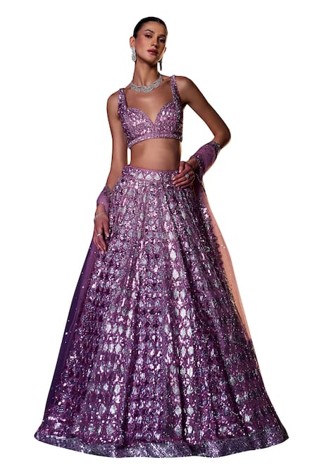 Buy Angad Singh Purple Organza Sequins, Beads, Crystals Geometric Embroidered Lehenga Set Buy_Angad Singh_Purple Organza Sequins, Beads, Crystals Geometric Embroidered Lehenga Set