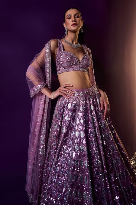Shop Angad Singh Purple Organza Sequins, Beads, Crystals Geometric Embroidered Lehenga Set Shop_Angad Singh_Purple Organza Sequins, Beads, Crystals Geometric Embroidered Lehenga Set
