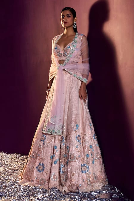 Angad Singh Peach Net Embroidery Sequin Sweetheart Neck Floral Bridal Lehenga Set 