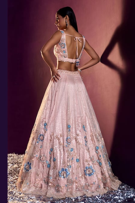 Shop Angad Singh Peach Net Sequins, Crystals Sweetheart Floral Embroidered Bridal Lehenga Set at Aza Fashions Shop_Angad Singh_Peach Net Sequins, Crystals Sweetheart Floral Embroidered Bridal Lehenga Set _at_Aza_Fashions