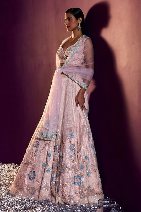 Angad Singh Peach Net Sequins, Crystals Sweetheart Floral Embroidered Bridal Lehenga Set Online at Aza Fashions Angad Singh_Peach Net Sequins, Crystals Sweetheart Floral Embroidered Bridal Lehenga Set _Online_at_Aza_Fashions