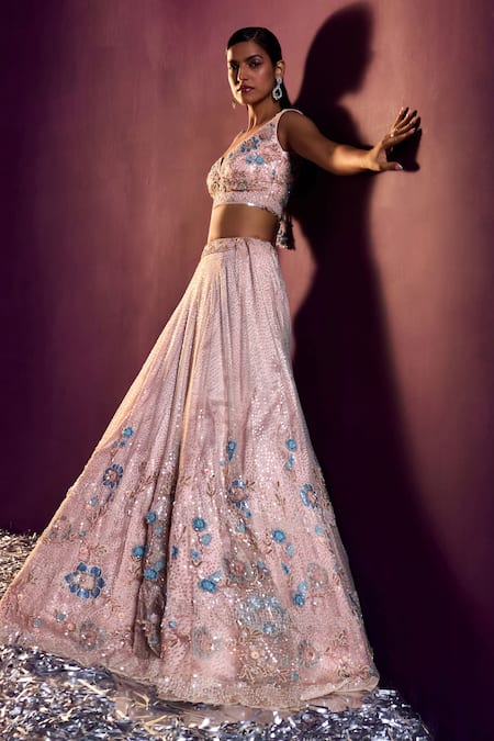 Shop Angad Singh Peach Net Sequins, Crystals Sweetheart Floral Embroidered Bridal Lehenga Set Online at Aza Fashions Shop_Angad Singh_Peach Net Sequins, Crystals Sweetheart Floral Embroidered Bridal Lehenga Set _Online_at_Aza_Fashions