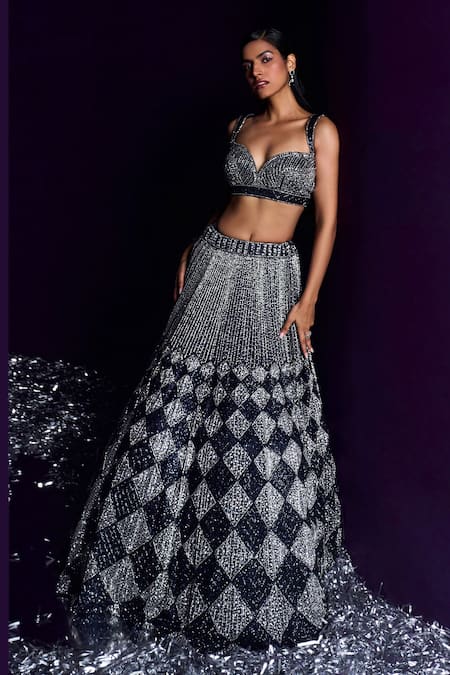 Buy Angad Singh Blue Net Sequins, Cut Work, Crystals Sweetheart Diamond Embroidered Lehenga Set Buy_Angad Singh_Blue Net Sequins, Cut Work, Crystals Sweetheart Diamond Embroidered Lehenga Set
