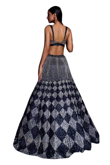 Shop Angad Singh Blue Net Sequins, Cut Work, Crystals Sweetheart Diamond Embroidered Lehenga Set Shop_Angad Singh_Blue Net Sequins, Cut Work, Crystals Sweetheart Diamond Embroidered Lehenga Set