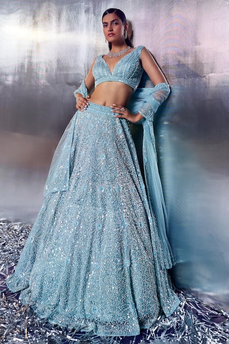 Angad Singh Blue Net Embroidery Sequin Plunge V Neck Pearl Bridal Lehenga Set 