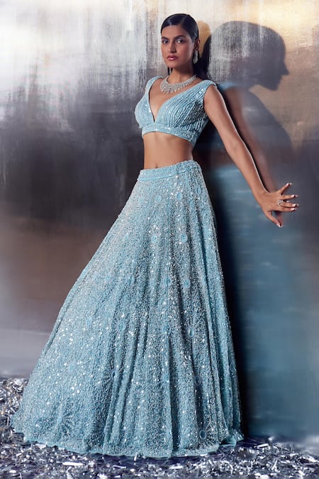 Angad Singh Blue Net Pearls, Sequins, Crystals Plunge Neck Embroidered Bridal Lehenga Set Online at Aza Fashions Angad Singh_Blue Net Pearls, Sequins, Crystals Plunge Neck Embroidered Bridal Lehenga Set _Online_at_Aza_Fashions