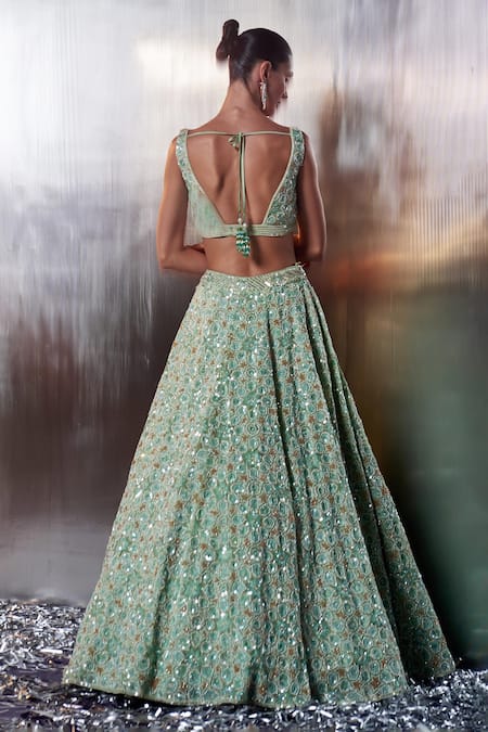 Shop Angad Singh Green Organza Embroidery, Sequins, Crystals, Pearls Plunge Bridal Lehenga Set at Aza Fashions Shop_Angad Singh_Green Organza Embroidery, Sequins, Crystals, Pearls Plunge Bridal Lehenga Set _at_Aza_Fashions