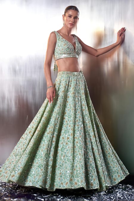 Buy Angad Singh Green Organza Embroidery, Sequins, Crystals, Pearls Plunge Bridal Lehenga Set Online at Aza Fashions Buy_Angad Singh_Green Organza Embroidery, Sequins, Crystals, Pearls Plunge Bridal Lehenga Set _Online_at_Aza_Fashions