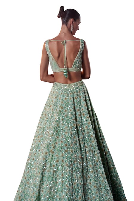 Shop Angad Singh Green Organza Embroidery, Sequins, Crystals, Pearls Plunge Bridal Lehenga Set Online at Aza Fashions Shop_Angad Singh_Green Organza Embroidery, Sequins, Crystals, Pearls Plunge Bridal Lehenga Set _Online_at_Aza_Fashions