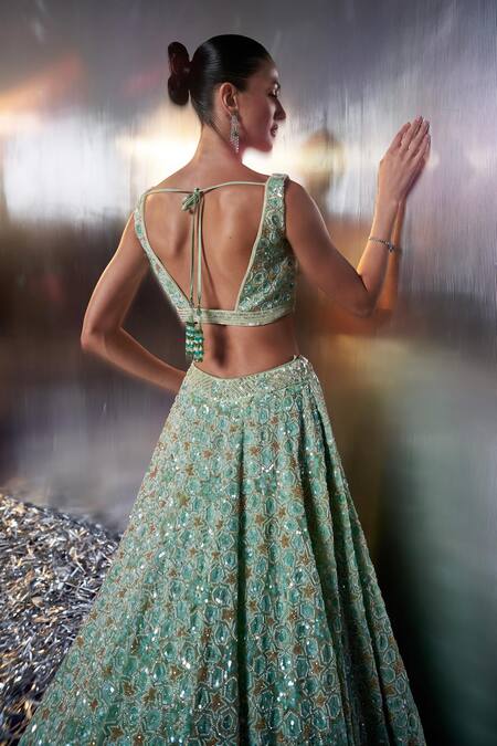 Angad Singh Green Organza Embroidery, Sequins, Crystals, Pearls Plunge Bridal Lehenga Set at Aza Fashions Angad Singh_Green Organza Embroidery, Sequins, Crystals, Pearls Plunge Bridal Lehenga Set _at_Aza_Fashions