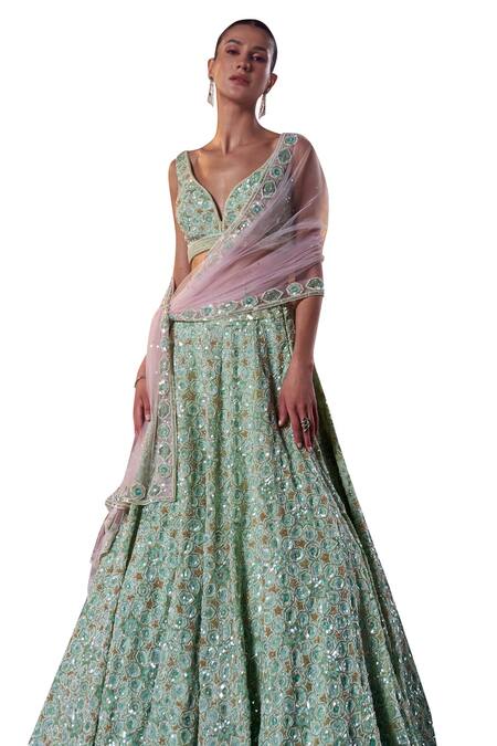 Buy Angad Singh Green Organza Embroidery, Sequins, Crystals, Pearls Plunge Bridal Lehenga Set Buy_Angad Singh_Green Organza Embroidery, Sequins, Crystals, Pearls Plunge Bridal Lehenga Set
