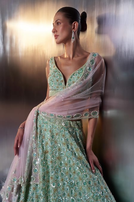 Shop Angad Singh Green Organza Embroidery, Sequins, Crystals, Pearls Plunge Bridal Lehenga Set Shop_Angad Singh_Green Organza Embroidery, Sequins, Crystals, Pearls Plunge Bridal Lehenga Set