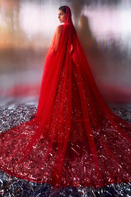 Angad Singh Glass Bead Embroidered Bridal Lehenga Set 