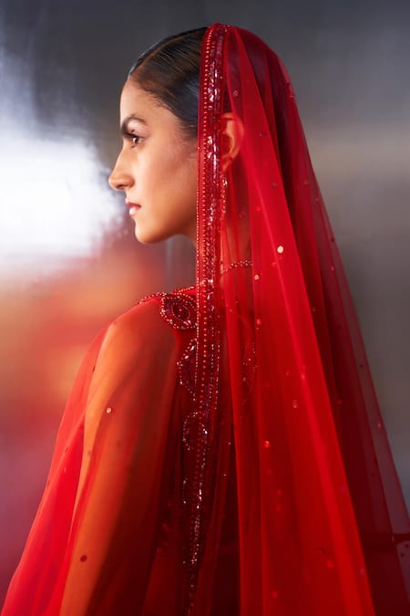 Angad Singh Red Net Crystals, Pearls, Sequins, Glass Bead Embroidered Bridal Lehenga Set Online at Aza Fashions Angad Singh_Red Net Crystals, Pearls, Sequins, Glass Bead Embroidered Bridal Lehenga Set _Online_at_Aza_Fashions