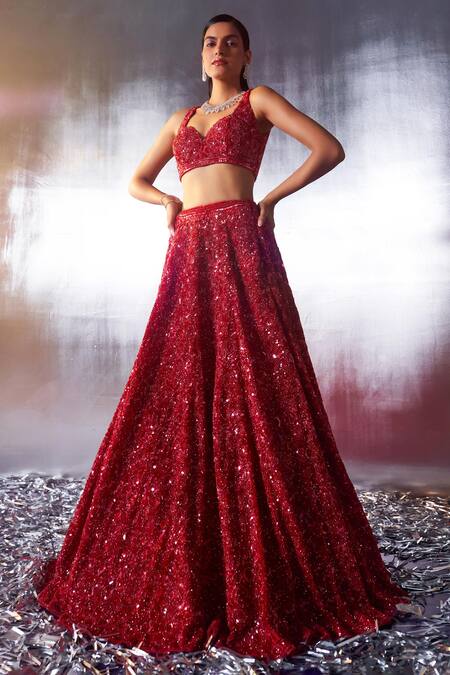 Buy Angad Singh Red Net Crystals, Pearls, Sequins, Glass Bead Embroidered Bridal Lehenga Set Online at Aza Fashions Buy_Angad Singh_Red Net Crystals, Pearls, Sequins, Glass Bead Embroidered Bridal Lehenga Set _Online_at_Aza_Fashions