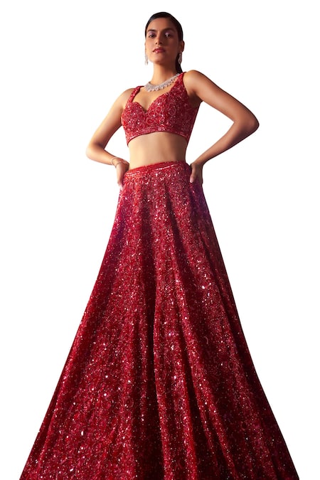 Shop Angad Singh Red Net Crystals, Pearls, Sequins, Glass Bead Embroidered Bridal Lehenga Set Online at Aza Fashions Shop_Angad Singh_Red Net Crystals, Pearls, Sequins, Glass Bead Embroidered Bridal Lehenga Set _Online_at_Aza_Fashions