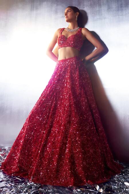 Angad Singh Red Net Crystals, Pearls, Sequins, Glass Bead Embroidered Bridal Lehenga Set at Aza Fashions Angad Singh_Red Net Crystals, Pearls, Sequins, Glass Bead Embroidered Bridal Lehenga Set _at_Aza_Fashions
