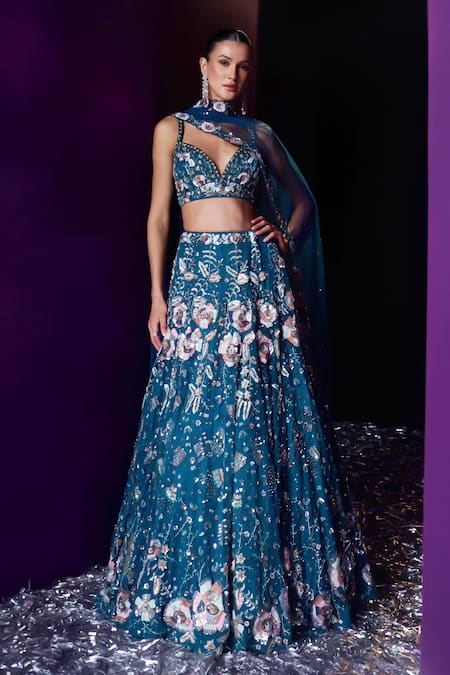 Angad Singh Blue Net Embroidery Sequin Sweetheart Neck And Crystal Lehenga Set 