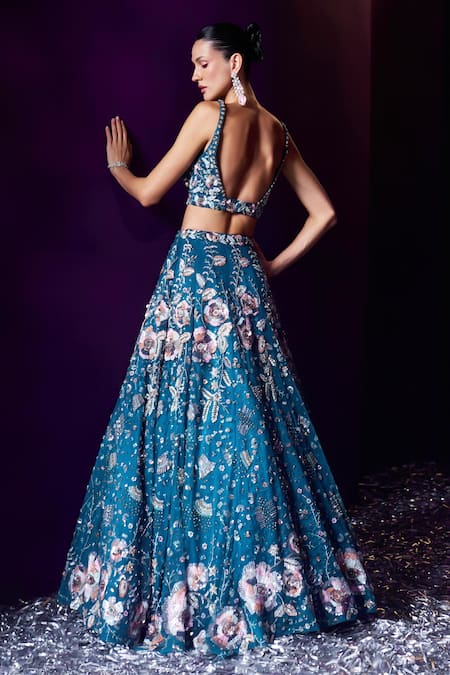 Shop Angad Singh Blue Net Sequins, Beads, Crystals Sweetheart Neck And Embroidered Lehenga Set at Aza Fashions Shop_Angad Singh_Blue Net Sequins, Beads, Crystals Sweetheart Neck And Embroidered Lehenga Set _at_Aza_Fashions