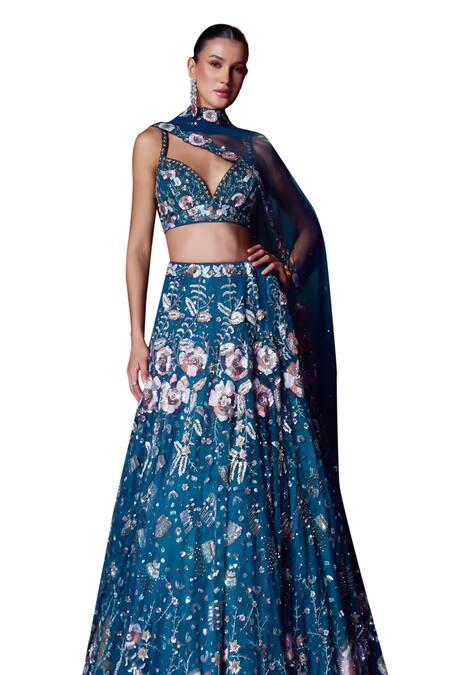 Angad Singh Blue Net Sequins, Beads, Crystals Sweetheart Neck And Embroidered Lehenga Set Online at Aza Fashions Angad Singh_Blue Net Sequins, Beads, Crystals Sweetheart Neck And Embroidered Lehenga Set _Online_at_Aza_Fashions
