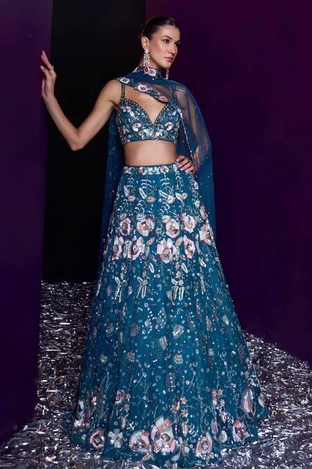 Buy Angad Singh Blue Net Sequins, Beads, Crystals Sweetheart Neck And Embroidered Lehenga Set Online at Aza Fashions Buy_Angad Singh_Blue Net Sequins, Beads, Crystals Sweetheart Neck And Embroidered Lehenga Set _Online_at_Aza_Fashions