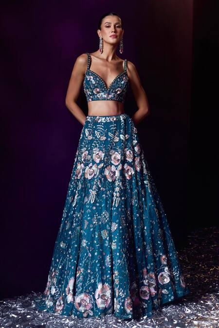 Shop Angad Singh Blue Net Sequins, Beads, Crystals Sweetheart Neck And Embroidered Lehenga Set Online at Aza Fashions Shop_Angad Singh_Blue Net Sequins, Beads, Crystals Sweetheart Neck And Embroidered Lehenga Set _Online_at_Aza_Fashions
