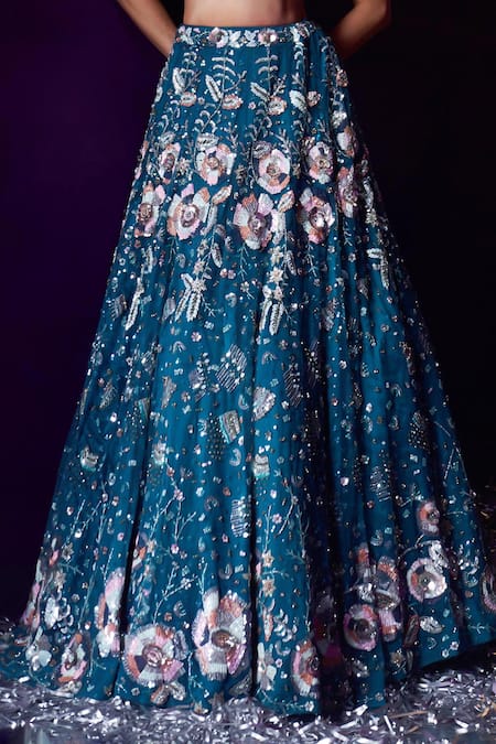 Angad Singh Blue Net Sequins, Beads, Crystals Sweetheart Neck And Embroidered Lehenga Set at Aza Fashions Angad Singh_Blue Net Sequins, Beads, Crystals Sweetheart Neck And Embroidered Lehenga Set _at_Aza_Fashions