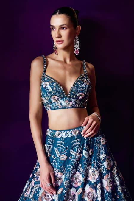 Buy Angad Singh Blue Net Sequins, Beads, Crystals Sweetheart Neck And Embroidered Lehenga Set Buy_Angad Singh_Blue Net Sequins, Beads, Crystals Sweetheart Neck And Embroidered Lehenga Set