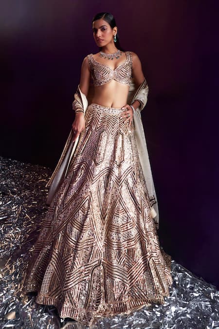 Angad Singh Gold Tissue Embroidery Sequin Leaf Neck Mirror Bridal Lehenga Set 