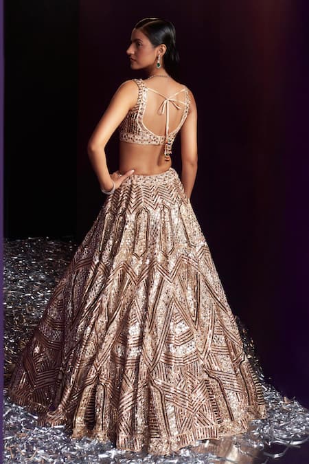 Shop Angad Singh Gold Tissue Embroidery, Sequins, Crystals Asymmetric Mirror Bridal Lehenga Set at Aza Fashions Shop_Angad Singh_Gold Tissue Embroidery, Sequins, Crystals Asymmetric Mirror Bridal Lehenga Set _at_Aza_Fashions