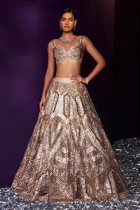 Angad Singh Gold Tissue Embroidery, Sequins, Crystals Asymmetric Mirror Bridal Lehenga Set Online at Aza Fashions Angad Singh_Gold Tissue Embroidery, Sequins, Crystals Asymmetric Mirror Bridal Lehenga Set _Online_at_Aza_Fashions
