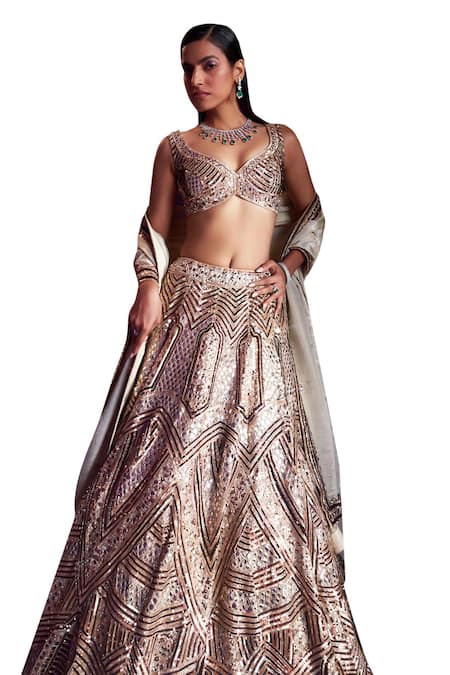 Buy Angad Singh Gold Tissue Embroidery, Sequins, Crystals Asymmetric Mirror Bridal Lehenga Set Buy_Angad Singh_Gold Tissue Embroidery, Sequins, Crystals Asymmetric Mirror Bridal Lehenga Set