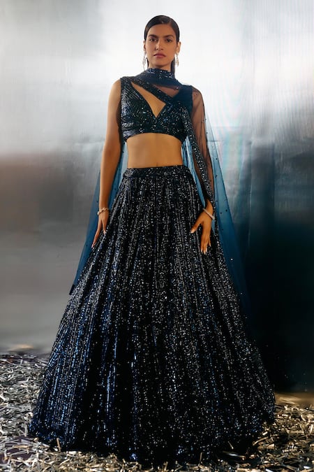 Angad Singh Blue Net Embroidery Sequin Plunge V Neck Abstract Lehenga Set 