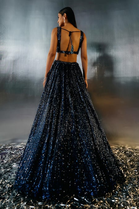 Shop Angad Singh Blue Net Sequins, Crystals, Beads Plunge Neck Abstract Embroidered Lehenga Set at Aza Fashions Shop_Angad Singh_Blue Net Sequins, Crystals, Beads Plunge Neck Abstract Embroidered Lehenga Set _at_Aza_Fashions