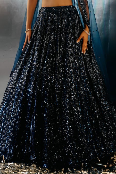 Angad Singh Blue Net Sequins, Crystals, Beads Plunge Neck Abstract Embroidered Lehenga Set Online at Aza Fashions Angad Singh_Blue Net Sequins, Crystals, Beads Plunge Neck Abstract Embroidered Lehenga Set _Online_at_Aza_Fashions