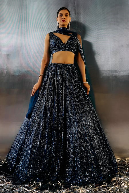 Buy Angad Singh Blue Net Sequins, Crystals, Beads Plunge Neck Abstract Embroidered Lehenga Set Online at Aza Fashions Buy_Angad Singh_Blue Net Sequins, Crystals, Beads Plunge Neck Abstract Embroidered Lehenga Set _Online_at_Aza_Fashions