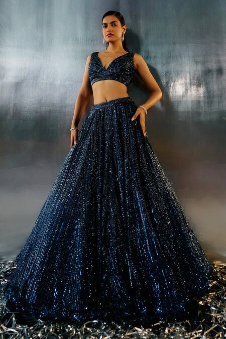 Shop Angad Singh Blue Net Sequins, Crystals, Beads Plunge Neck Abstract Embroidered Lehenga Set Online at Aza Fashions Shop_Angad Singh_Blue Net Sequins, Crystals, Beads Plunge Neck Abstract Embroidered Lehenga Set _Online_at_Aza_Fashions