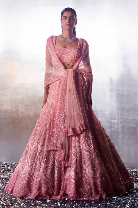 Angad Singh Pink Net Embroidery Sequin Square Neck Mughal Bridal Lehenga Set 