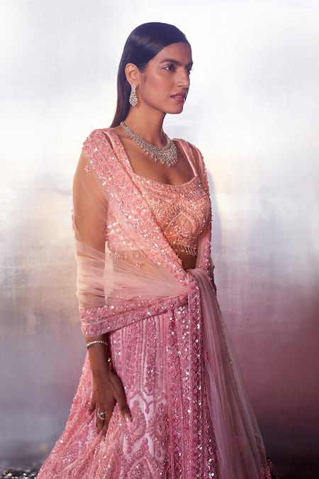 Angad Singh_Pink Net Sequins, Crystals, Beads Square Mughal Embroidered Bridal Lehenga Set _Online_at_Aza_Fashions