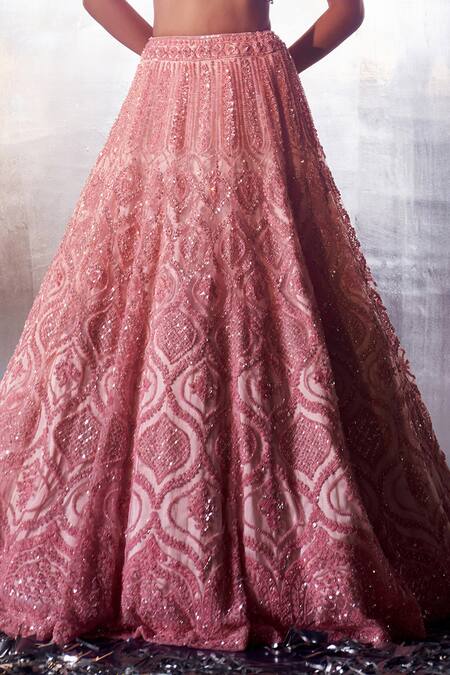 Shop_Angad Singh_Pink Net Sequins, Crystals, Beads Square Mughal Embroidered Bridal Lehenga Set _Online_at_Aza_Fashions