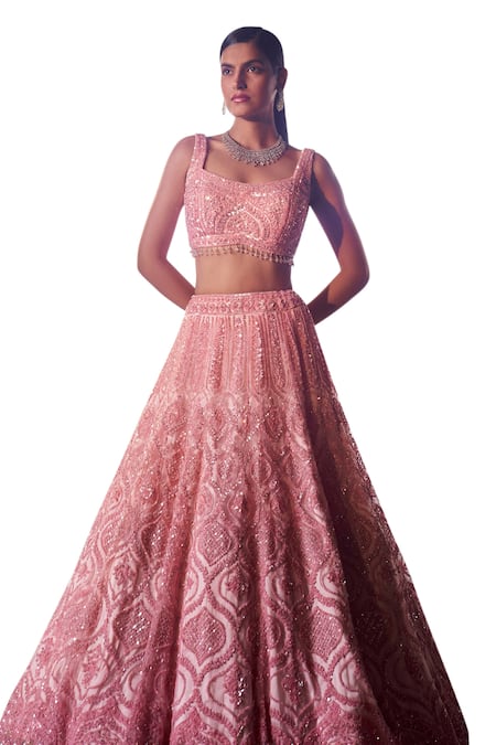Angad Singh_Pink Net Sequins, Crystals, Beads Square Mughal Embroidered Bridal Lehenga Set _at_Aza_Fashions