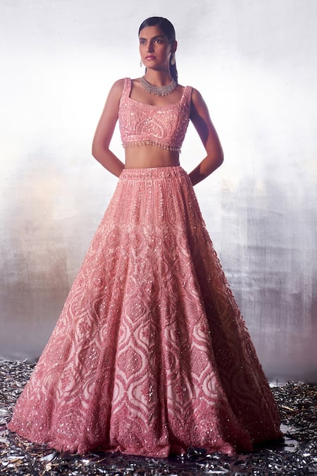 Buy_Angad Singh_Pink Net Sequins, Crystals, Beads Square Mughal Embroidered Bridal Lehenga Set 