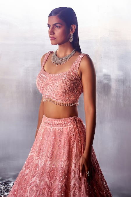Shop_Angad Singh_Pink Net Sequins, Crystals, Beads Square Mughal Embroidered Bridal Lehenga Set 