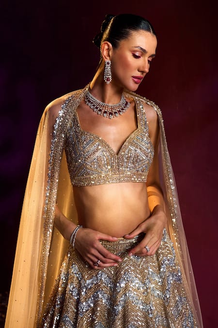 Buy Angad Singh Gold Net Sequins, Crystals, Zari, Beads Chevron Pattern Bridal Lehenga Set Online at Aza Fashions Buy_Angad Singh_Gold Net Sequins, Crystals, Zari, Beads Chevron Pattern Bridal Lehenga Set _Online_at_Aza_Fashions