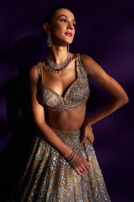 Buy Angad Singh Gold Net Sequins, Crystals, Zari, Beads Chevron Pattern Bridal Lehenga Set Buy_Angad Singh_Gold Net Sequins, Crystals, Zari, Beads Chevron Pattern Bridal Lehenga Set