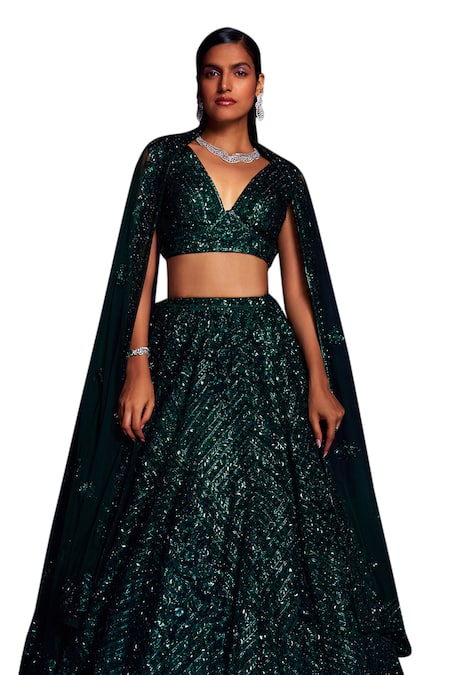 Angad Singh Emerald Green Net Crystals, Sequins, Cutwork Embroidered Bridal Lehenga Set Online at Aza Fashions Angad Singh_Emerald Green Net Crystals, Sequins, Cutwork Embroidered Bridal Lehenga Set _Online_at_Aza_Fashions
